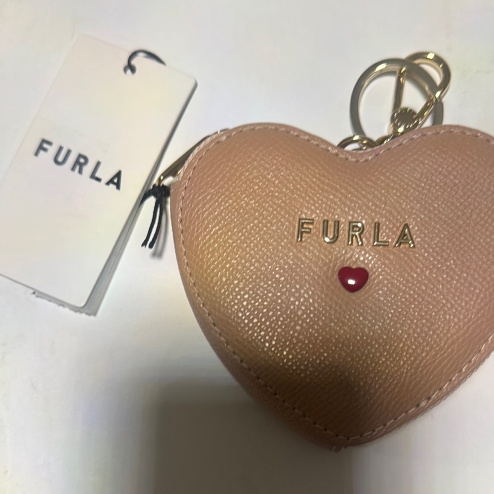 Furla Blush Heart Keychain with Gold and Red Accents